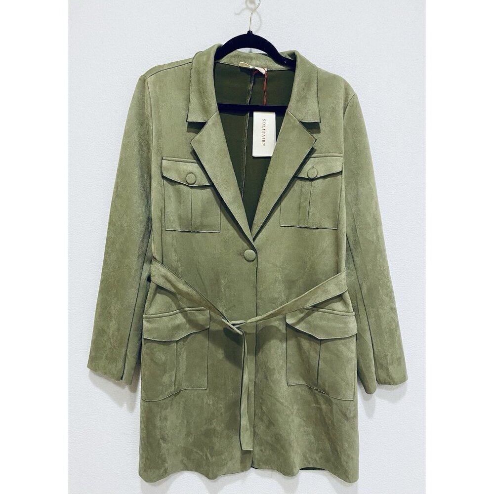 Solitaire Jacket Womens Large Olive Green Faux Suede Belted Quiet Luxury